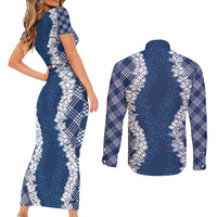 Hawaii Aloha Plumeria Lei Navy Palaka Couples Matching Short Sleeve Bodycon Dress and Long Sleeve Button Shirt LT7 - Polynesian Pride