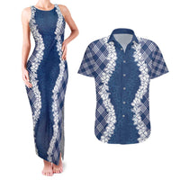 Hawaii Aloha Plumeria Lei Navy Palaka Couples Matching Tank Maxi Dress and Hawaiian Shirt LT7 Navy Blue - Polynesian Pride