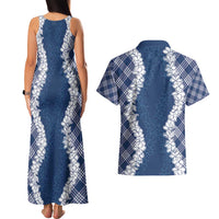 Hawaii Aloha Plumeria Lei Navy Palaka Couples Matching Tank Maxi Dress and Hawaiian Shirt LT7 - Polynesian Pride