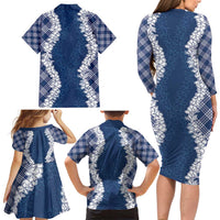 Hawaii Aloha Plumeria Lei Navy Palaka Family Matching Long Sleeve Bodycon Dress and Hawaiian Shirt LT7 - Polynesian Pride