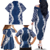 Hawaii Aloha Plumeria Lei Navy Palaka Family Matching Off The Shoulder Long Sleeve Dress and Hawaiian Shirt LT7 - Polynesian Pride