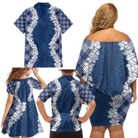 Hawaii Aloha Plumeria Lei Navy Palaka Family Matching Off Shoulder Short Dress and Hawaiian Shirt LT7 - Polynesian Pride
