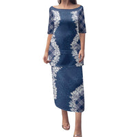 Hawaii Aloha Plumeria Lei Navy Palaka Family Matching Puletasi and Hawaiian Shirt LT7 Mom's Dress Navy Blue - Polynesian Pride