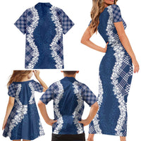 Hawaii Aloha Plumeria Lei Navy Palaka Family Matching Short Sleeve Bodycon Dress and Hawaiian Shirt LT7 - Polynesian Pride