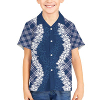 Hawaii Aloha Plumeria Lei Navy Palaka Family Matching Short Sleeve Bodycon Dress and Hawaiian Shirt LT7 Son's Shirt Navy Blue - Polynesian Pride