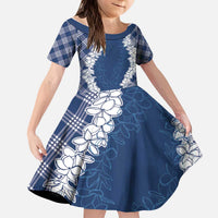 Hawaii Aloha Plumeria Lei Navy Palaka Kid Short Sleeve Dress - Polynesian Pride