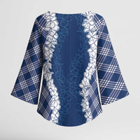 Hawaii Aloha Plumeria Lei Navy Palaka Kimono Sleeve Blouse - Polynesian Pride