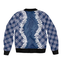 Hawaii Aloha Plumeria Lei Navy Palaka Sleeve Zip Bomber Jacket - Polynesian Pride
