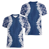 Hawaii Aloha Plumeria Lei Navy Palaka Women V-Neck T-Shirt - Polynesian Pride