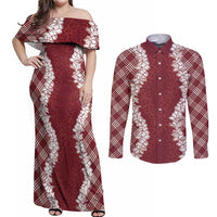 Hawaii Aloha Plumeria Lei Scarlet Palaka Couples Matching Off Shoulder Maxi Dress and Long Sleeve Button Shirt LT7 Scarlet - Polynesian Pride