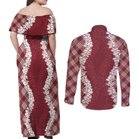 Hawaii Aloha Plumeria Lei Scarlet Palaka Couples Matching Off Shoulder Maxi Dress and Long Sleeve Button Shirt LT7 - Polynesian Pride