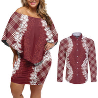 Hawaii Aloha Plumeria Lei Scarlet Palaka Couples Matching Off Shoulder Short Dress and Long Sleeve Button Shirt LT7 Scarlet - Polynesian Pride