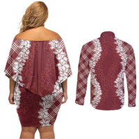 Hawaii Aloha Plumeria Lei Scarlet Palaka Couples Matching Off Shoulder Short Dress and Long Sleeve Button Shirt LT7 - Polynesian Pride