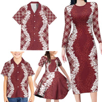 Hawaii Aloha Plumeria Lei Scarlet Palaka Family Matching Long Sleeve Bodycon Dress and Hawaiian Shirt LT7 - Polynesian Pride