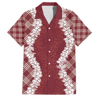 Hawaii Aloha Plumeria Lei Scarlet Palaka Family Matching Off The Shoulder Long Sleeve Dress and Hawaiian Shirt LT7 Dad's Shirt - Short Sleeve Scarlet - Polynesian Pride