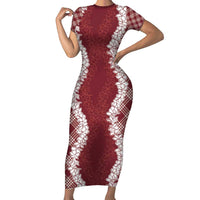 Hawaii Aloha Plumeria Lei Scarlet Palaka Short Sleeve Bodycon Dress - Polynesian Pride