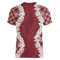 Hawaii Aloha Plumeria Lei Scarlet Palaka Women V-Neck T-Shirt LT7 - Polynesian Pride