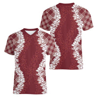 Hawaii Aloha Plumeria Lei Scarlet Palaka Women V-Neck T-Shirt LT7 - Polynesian Pride