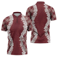 Hawaii Aloha Plumeria Lei Scarlet Palaka Zipper Polo Shirt - Polynesian Pride
