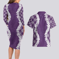 Hawaii Aloha Plumeria Lei Violet Palaka Couples Matching Long Sleeve Bodycon Dress and Hawaiian Shirt LT7 - Polynesian Pride
