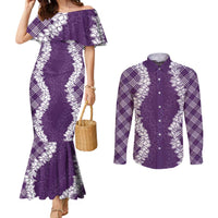 Hawaii Aloha Plumeria Lei Violet Palaka Couples Matching Mermaid Dress and Long Sleeve Button Shirt LT7 Violet - Polynesian Pride