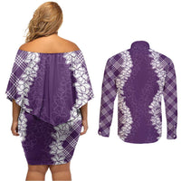 Hawaii Aloha Plumeria Lei Violet Palaka Couples Matching Off Shoulder Short Dress and Long Sleeve Button Shirt LT7 - Polynesian Pride
