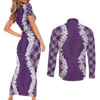 Hawaii Aloha Plumeria Lei Violet Palaka Couples Matching Short Sleeve Bodycon Dress and Long Sleeve Button Shirt LT7 - Polynesian Pride