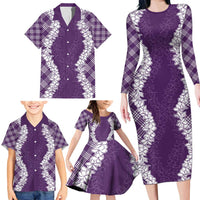 Hawaii Aloha Plumeria Lei Violet Palaka Family Matching Long Sleeve Bodycon Dress and Hawaiian Shirt LT7 - Polynesian Pride