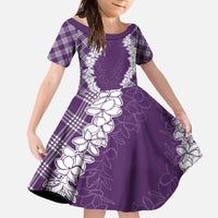Hawaii Aloha Plumeria Lei Violet Palaka Family Matching Off The Shoulder Long Sleeve Dress and Hawaiian Shirt LT7 Daughter's Dress Violet - Polynesian Pride