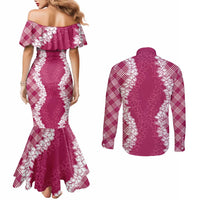 Hawaii Aloha Plumeria Lei Fuschia Palaka Couples Matching Mermaid Dress and Long Sleeve Button Shirt LT7 - Polynesian Pride