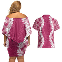 Hawaii Aloha Plumeria Lei Fuschia Palaka Couples Matching Off Shoulder Short Dress and Hawaiian Shirt LT7 - Polynesian Pride