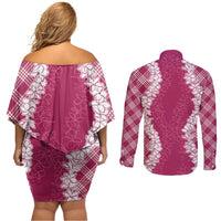 Hawaii Aloha Plumeria Lei Fuschia Palaka Couples Matching Off Shoulder Short Dress and Long Sleeve Button Shirt LT7 - Polynesian Pride