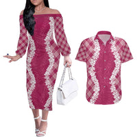 Hawaii Aloha Plumeria Lei Fuschia Palaka Couples Matching Off The Shoulder Long Sleeve Dress and Hawaiian Shirt LT7 Fuschia - Polynesian Pride