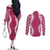 Hawaii Aloha Plumeria Lei Fuschia Palaka Couples Matching Off The Shoulder Long Sleeve Dress and Long Sleeve Button Shirt LT7 - Polynesian Pride