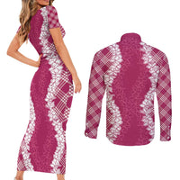 Hawaii Aloha Plumeria Lei Fuschia Palaka Couples Matching Short Sleeve Bodycon Dress and Long Sleeve Button Shirt LT7 - Polynesian Pride