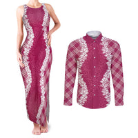 Hawaii Aloha Plumeria Lei Fuschia Palaka Couples Matching Tank Maxi Dress and Long Sleeve Button Shirt LT7 Fuschia - Polynesian Pride