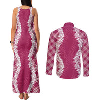 Hawaii Aloha Plumeria Lei Fuschia Palaka Couples Matching Tank Maxi Dress and Long Sleeve Button Shirt LT7 - Polynesian Pride