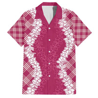 Hawaii Aloha Plumeria Lei Fuschia Palaka Family Matching Off The Shoulder Long Sleeve Dress and Hawaiian Shirt LT7 Dad's Shirt - Short Sleeve Fuschia - Polynesian Pride
