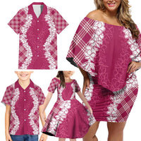 Hawaii Aloha Plumeria Lei Fuschia Palaka Family Matching Off Shoulder Short Dress and Hawaiian Shirt LT7 - Polynesian Pride