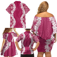 Hawaii Aloha Plumeria Lei Fuschia Palaka Family Matching Off Shoulder Short Dress and Hawaiian Shirt LT7 - Polynesian Pride