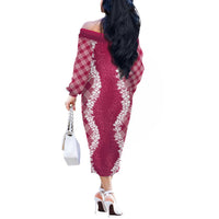 Hawaii Aloha Plumeria Lei Fuschia Palaka Off The Shoulder Long Sleeve Dress LT7 - Polynesian Pride