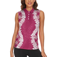 Hawaii Aloha Plumeria Lei Fuschia Palaka Women Sleeveless Polo Shirt LT7 - Polynesian Pride