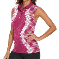 Hawaii Aloha Plumeria Lei Fuschia Palaka Women Sleeveless Polo Shirt LT7 - Polynesian Pride