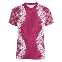 Hawaii Aloha Plumeria Lei Fuschia Palaka Women V-Neck T-Shirt LT7 Female Fuschia - Polynesian Pride