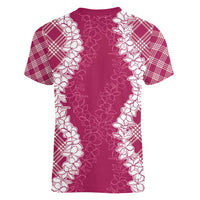 Hawaii Aloha Plumeria Lei Fuschia Palaka Women V-Neck T-Shirt LT7 - Polynesian Pride