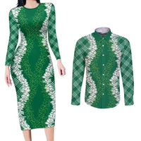 Hawaii Aloha Plumeria Lei Green Palaka Couples Matching Long Sleeve Bodycon Dress and Long Sleeve Button Shirt LT7 Green - Polynesian Pride
