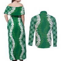 Hawaii Aloha Plumeria Lei Green Palaka Couples Matching Off Shoulder Maxi Dress and Long Sleeve Button Shirt LT7 - Polynesian Pride