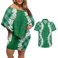 Hawaii Aloha Plumeria Lei Green Palaka Couples Matching Off Shoulder Short Dress and Hawaiian Shirt LT7 Green - Polynesian Pride