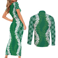 Hawaii Aloha Plumeria Lei Green Palaka Couples Matching Short Sleeve Bodycon Dress and Long Sleeve Button Shirt LT7 - Polynesian Pride