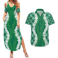 Hawaii Aloha Plumeria Lei Green Palaka Couples Matching Summer Maxi Dress and Hawaiian Shirt LT7 Green - Polynesian Pride